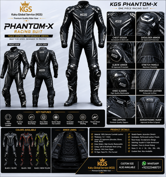 KGS Phantom-X Black Racing Suit | Premium One Piece Motorcycle Racing Gear
