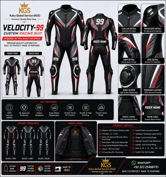 Velocity-99 custom racing suit with detailed specifications and features on a white background