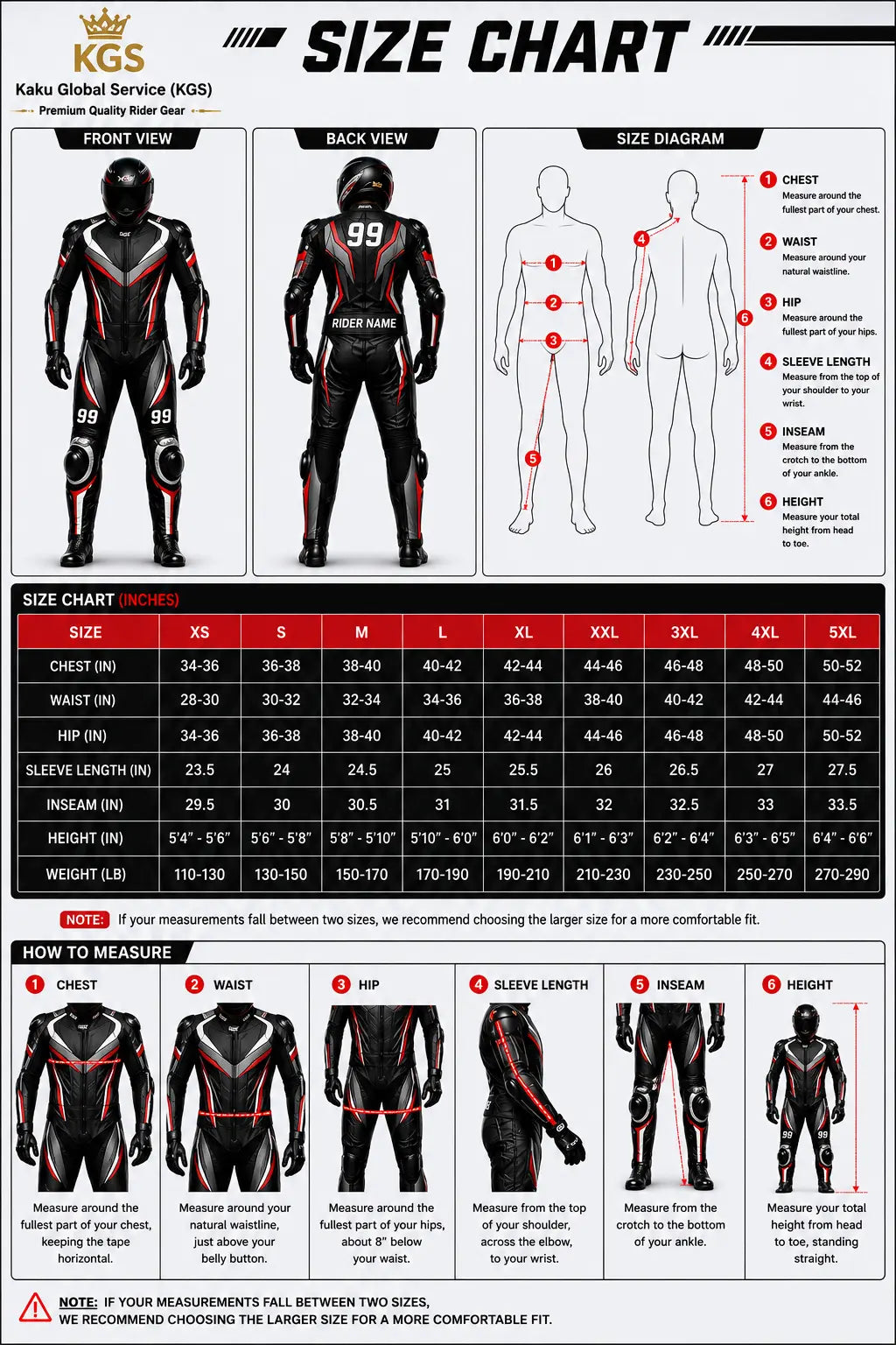 Size chart for a racing suit with measurements and diagrams.