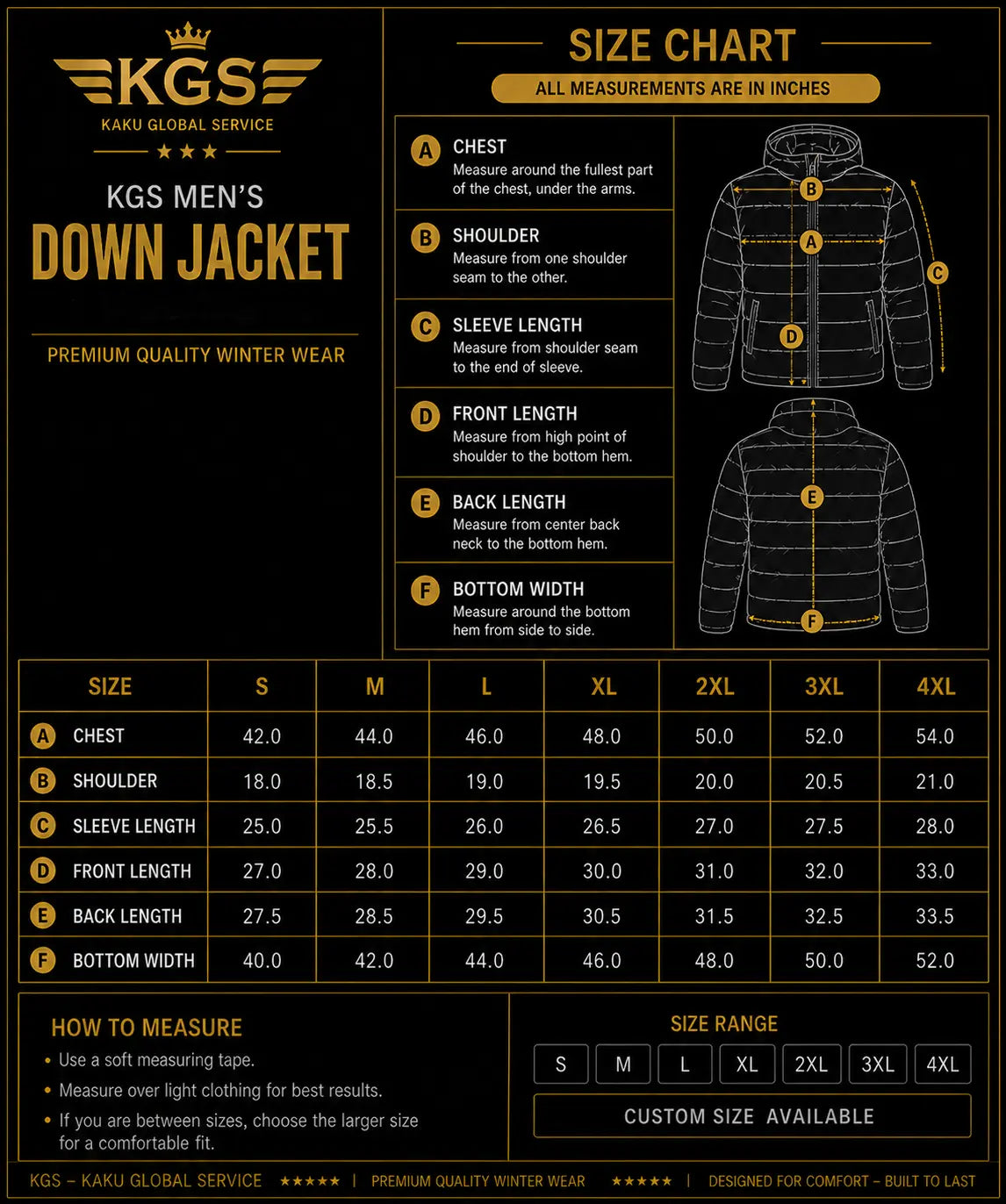 Size chart for KGS Men's Down Jacket with measurements and KGU Global Service logo.