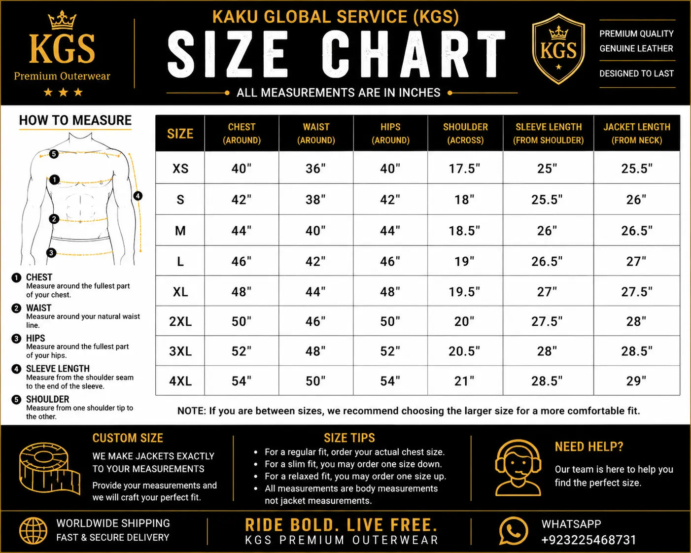 Kaku Global Service size chart for clothing measurements in inches