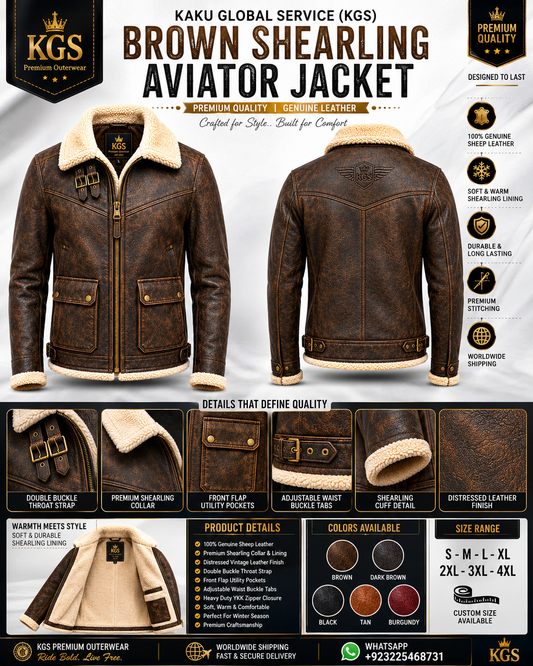 KGS Brown Shearling Aviator Jacket | Premium Genuine Leather Winter Jacket