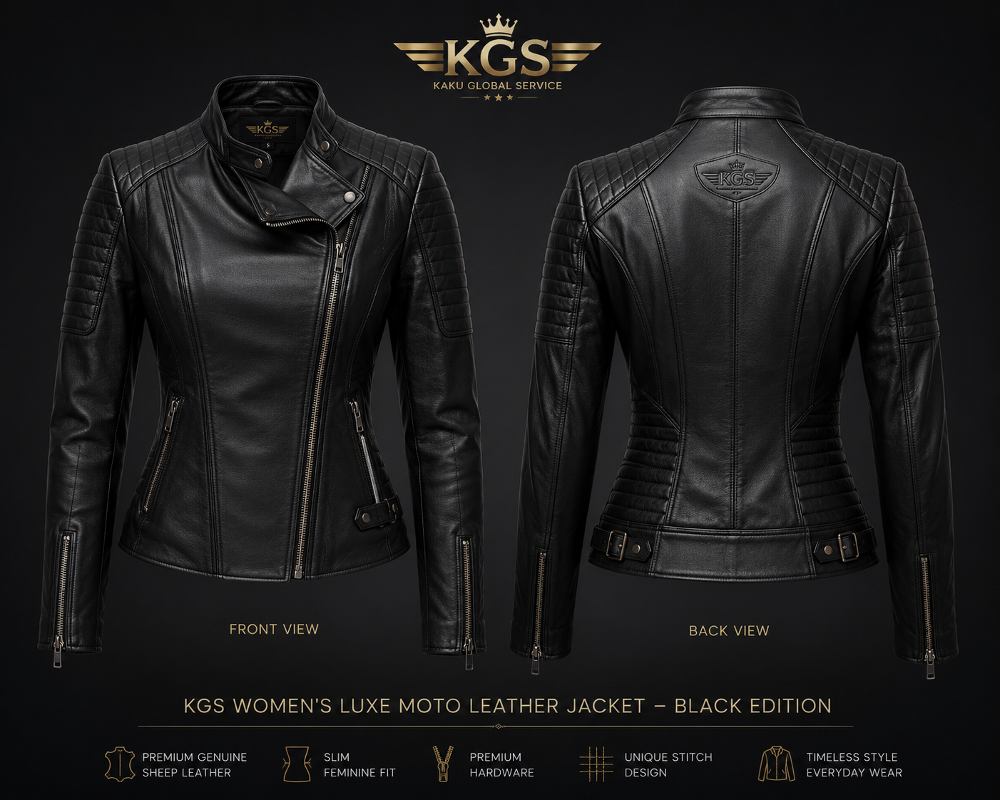 KGS Women's Luxe Moto Leather Jacket – Black Edition