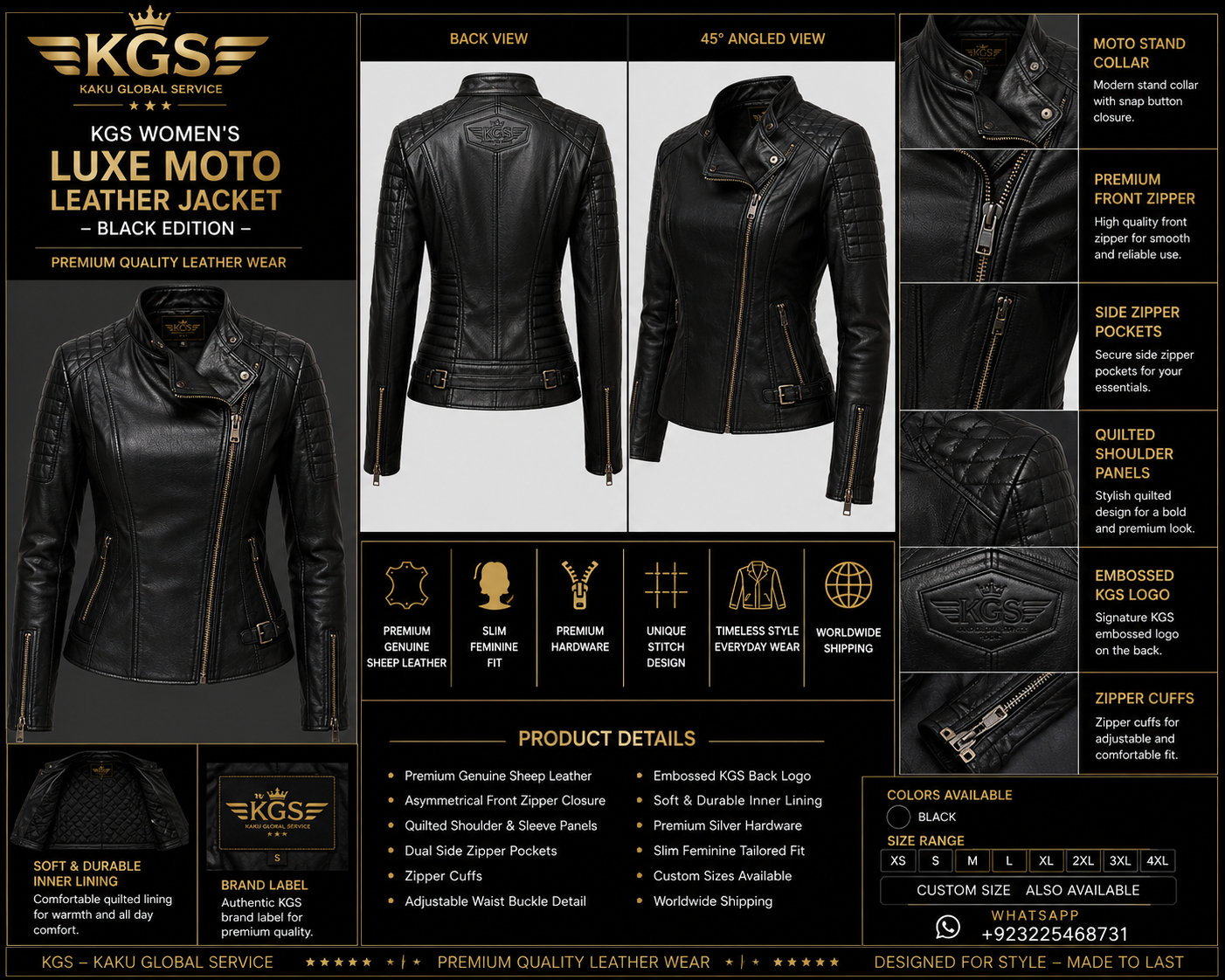KGS Women's Luxe Moto Leather Jacket – Black Edition