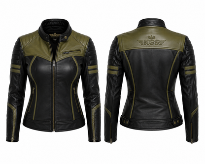KGS Women's Biker Leather Jacket – Black & Olive Edition