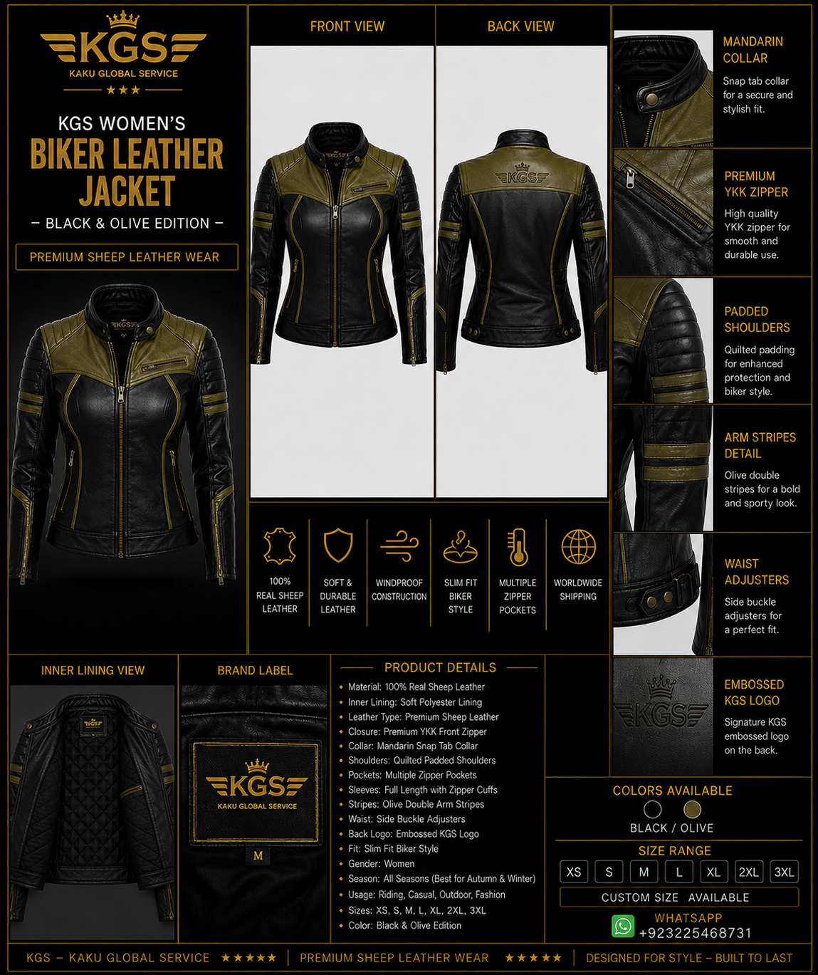 KGS Women's Biker Leather Jacket – Black & Olive Edition