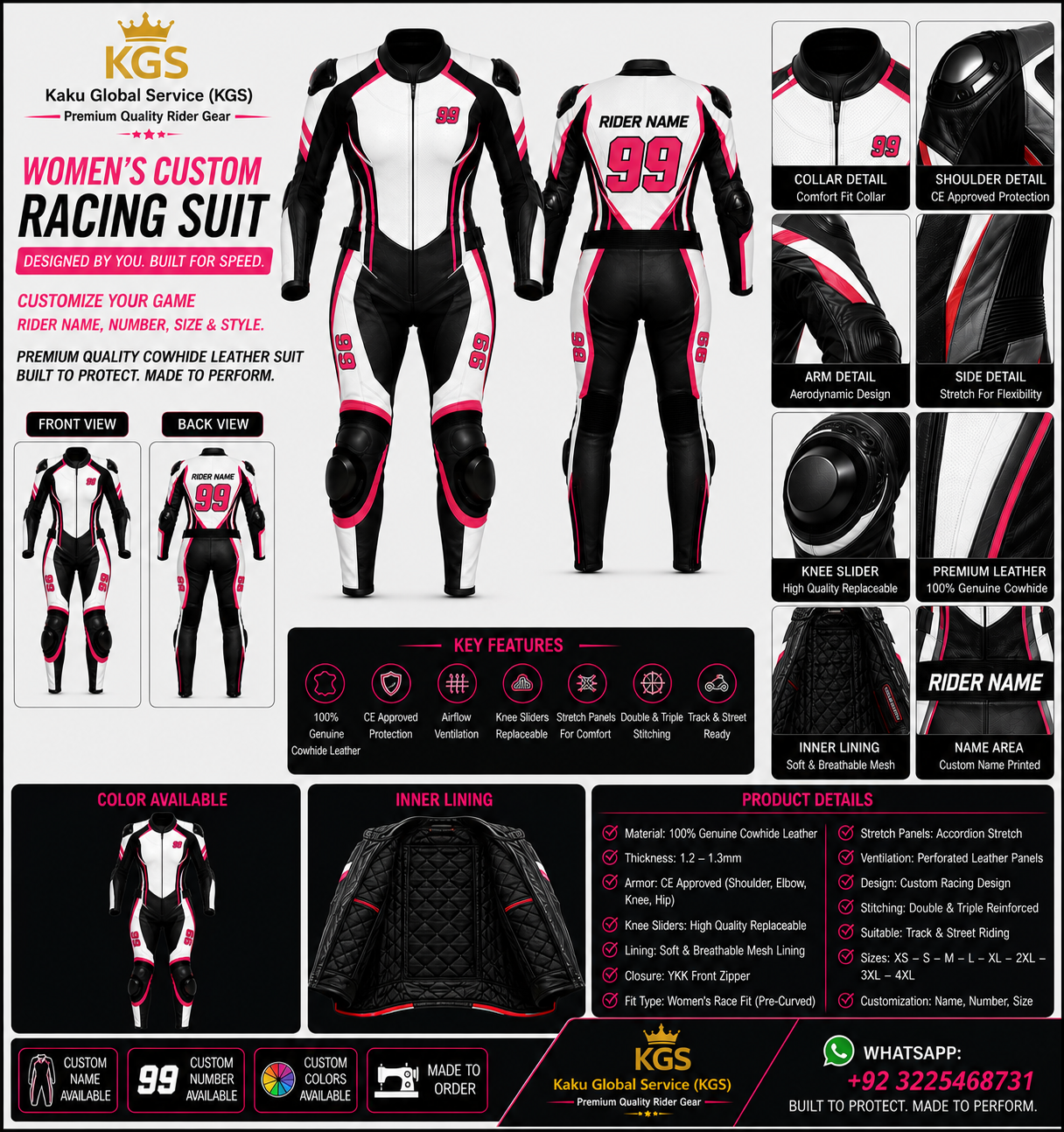 KGS Women’s Custom Racing Suit – White, Black & Pink Edition | Rider Name & Number Customization