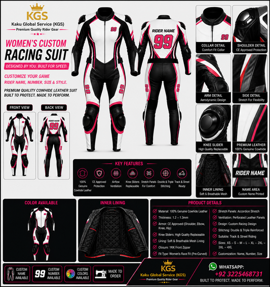 KGS Women’s Custom Racing Suit – White, Black & Pink Edition | Rider Name & Number Customization