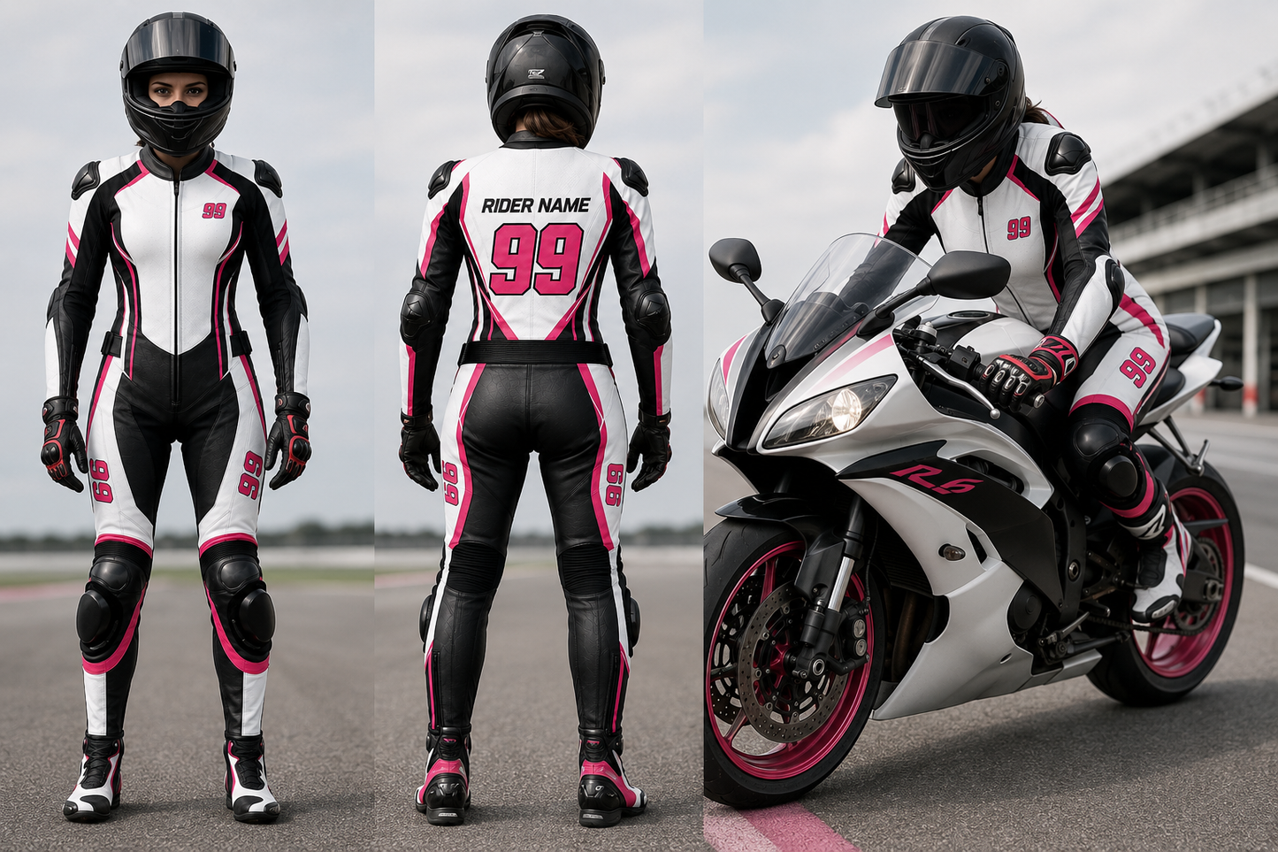 KGS Women’s Custom Racing Suit – White, Black & Pink Edition | Rider Name & Number Customization