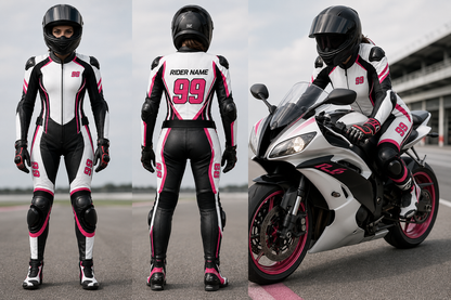 KGS Women’s Custom Racing Suit – White, Black & Pink Edition | Rider Name & Number Customization