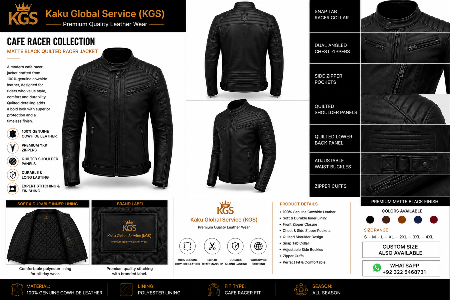 Matte Black Quilted Racer Jacket | Premium Cowhide Leather Motorcycle Jacket