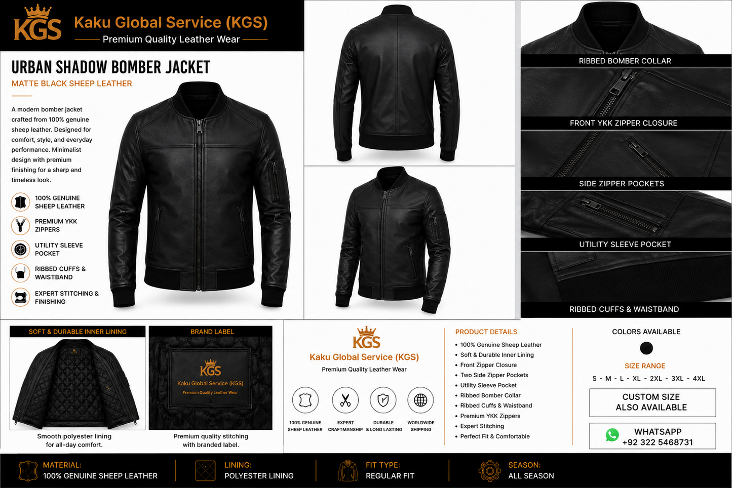 Urban Shadow Black Bomber Jacket – Genuine Sheep Leather Men's Bomber Jacket