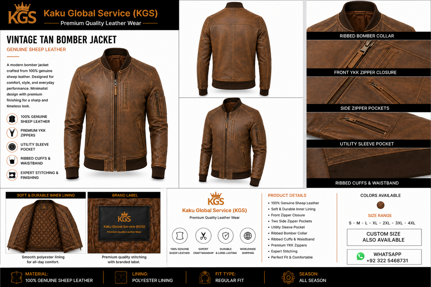Vintage Tan Bomber Jacket – Genuine Sheep Leather Men's Bomber Jacket