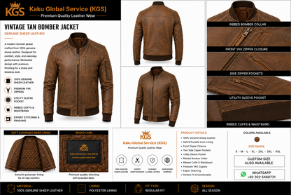 Vintage Tan Bomber Jacket – Genuine Sheep Leather Men's Bomber Jacket