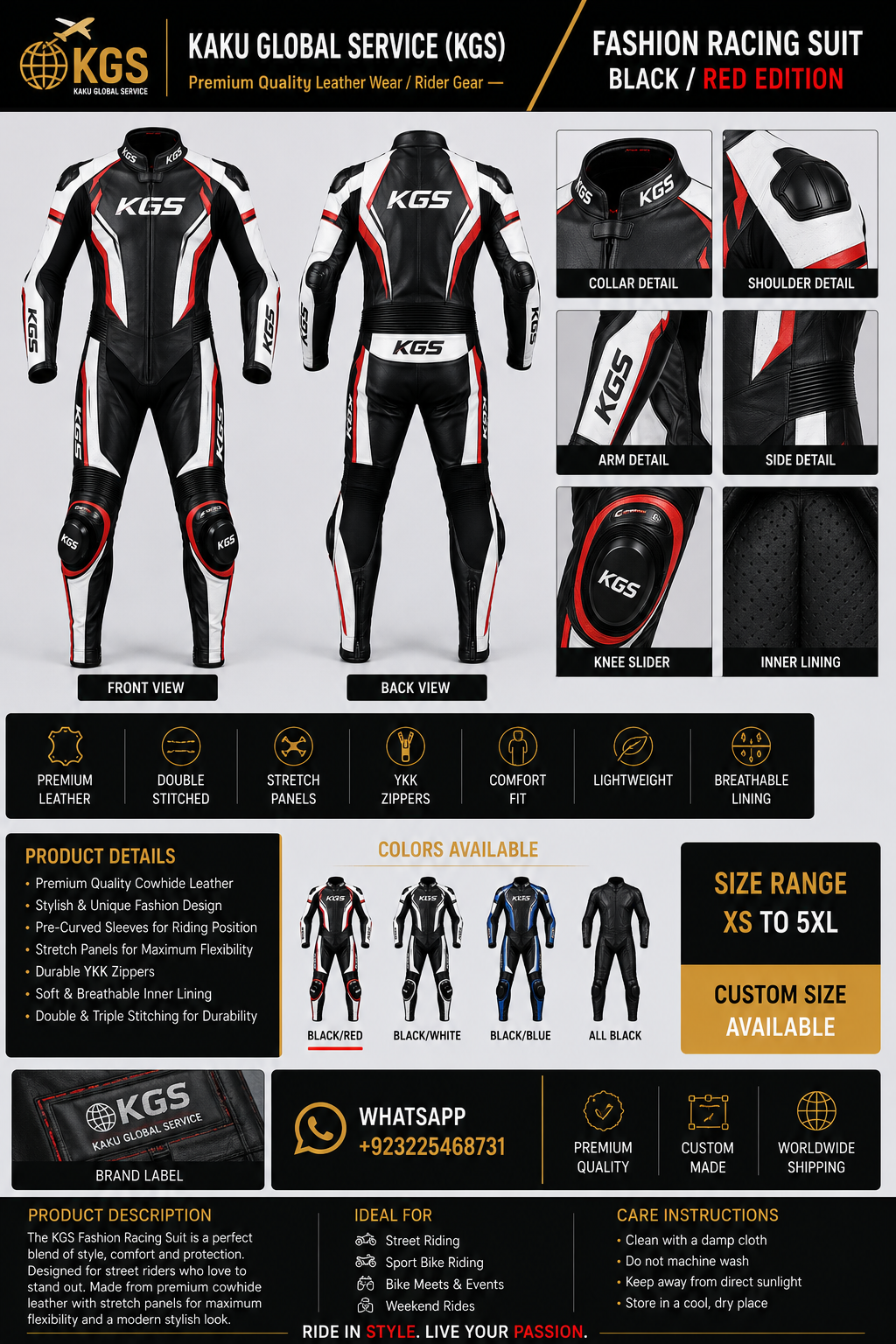 Men's Black & Red Street Rider Leather Racing Suit