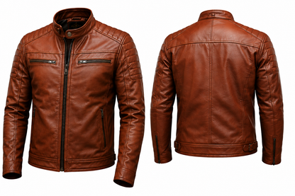 Men's Premium Cognac Brown Leather Biker Jacket