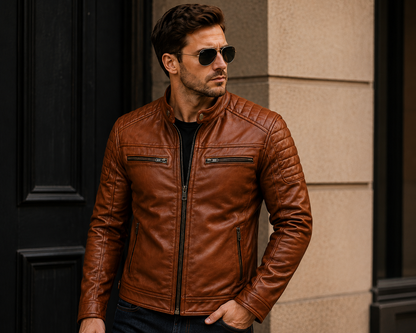 Men's Premium Cognac Brown Leather Biker Jacket