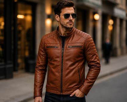 Men's Premium Cognac Brown Leather Biker Jacket