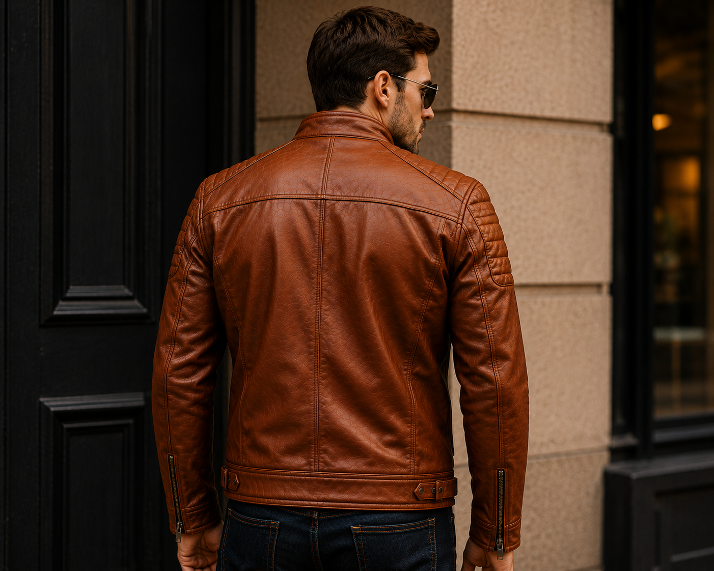 Men's Premium Cognac Brown Leather Biker Jacket