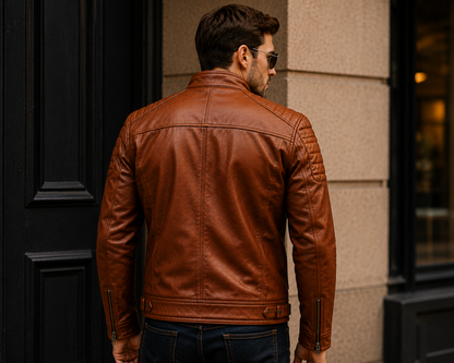Men's Premium Cognac Brown Leather Biker Jacket