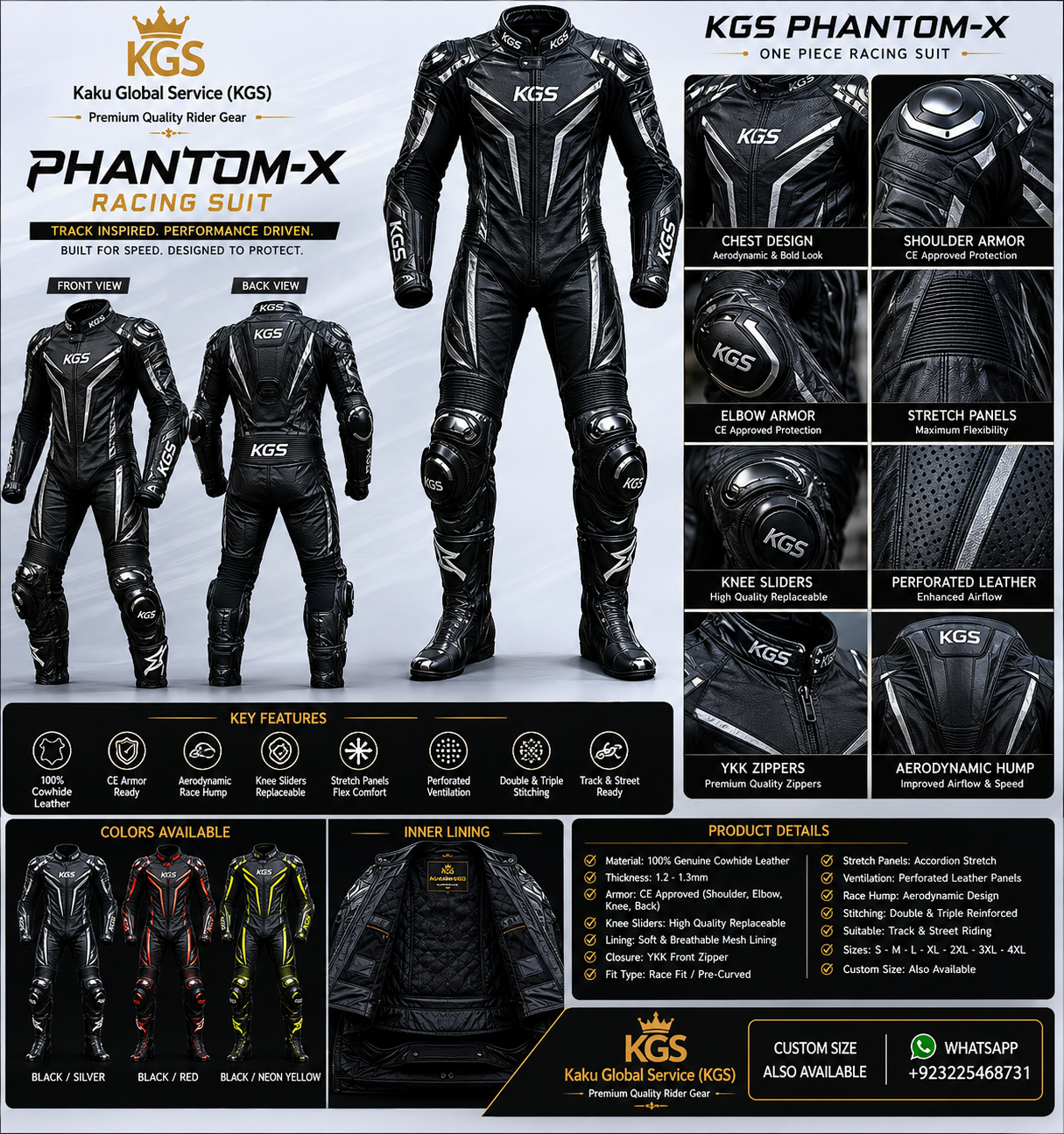 KGS Phantom-X Black Racing Suit | Premium One Piece Motorcycle Racing Gear