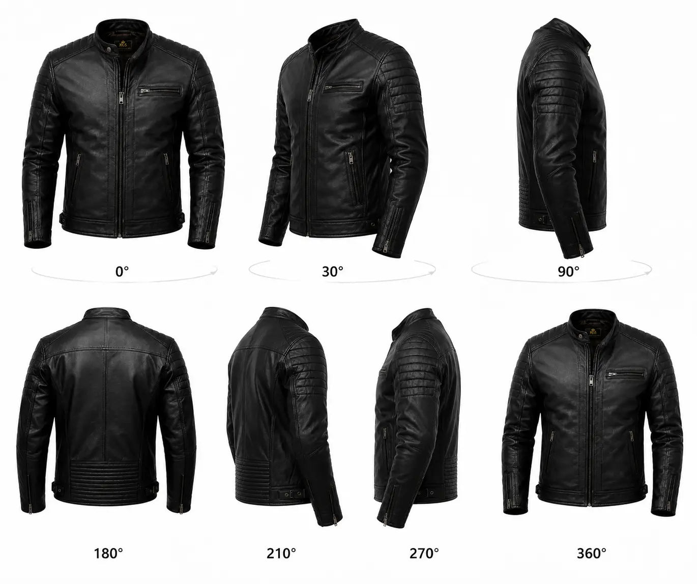 Black leather jacket displayed from multiple angles on a white background