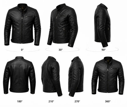 Black leather jacket displayed from multiple angles on a white background