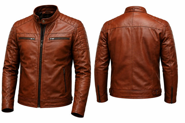 Brown leather jacket shown from front and back on a white background