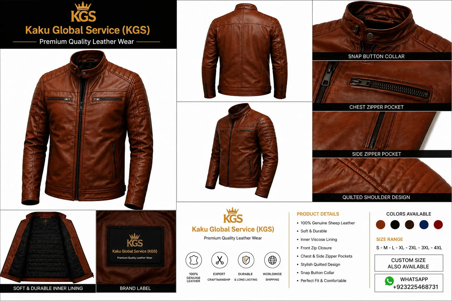 Mens Cognac Brown Jacket Premium Leather Biker Jacket KGS