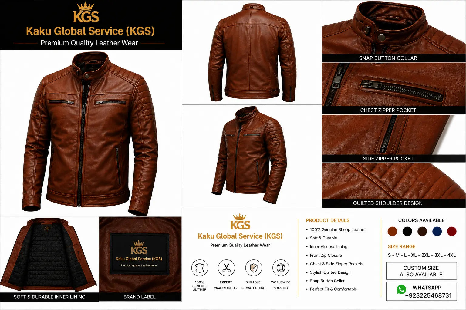 Mens Cognac Brown Jacket Premium Leather Biker Jacket KGS
