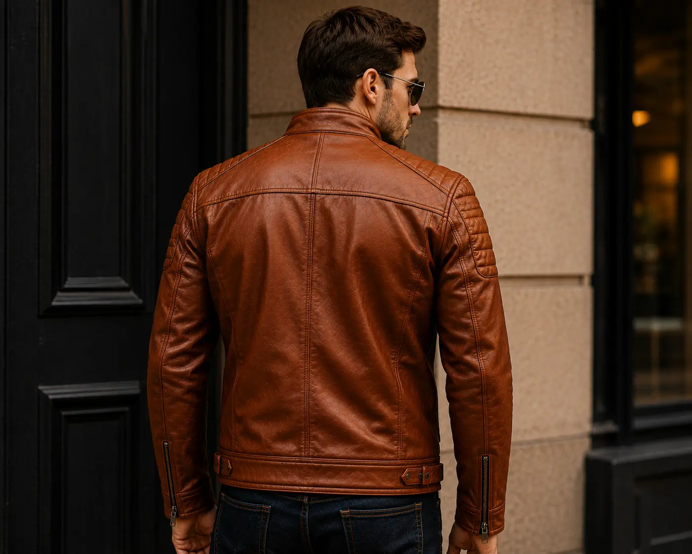 Man wearing a brown leather jacket standing against a building.