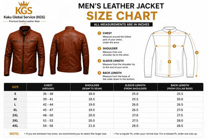 Men's leather jacket size chart with measurements and KGU logo.