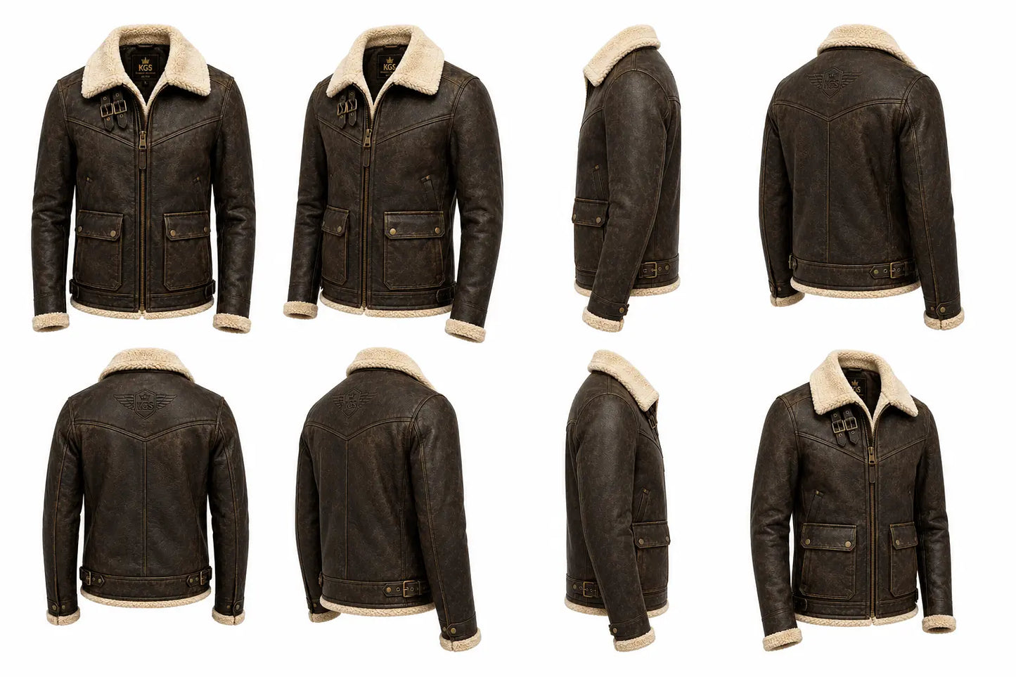 Brown leather jacket with white fur collar shown from multiple angles on a white background