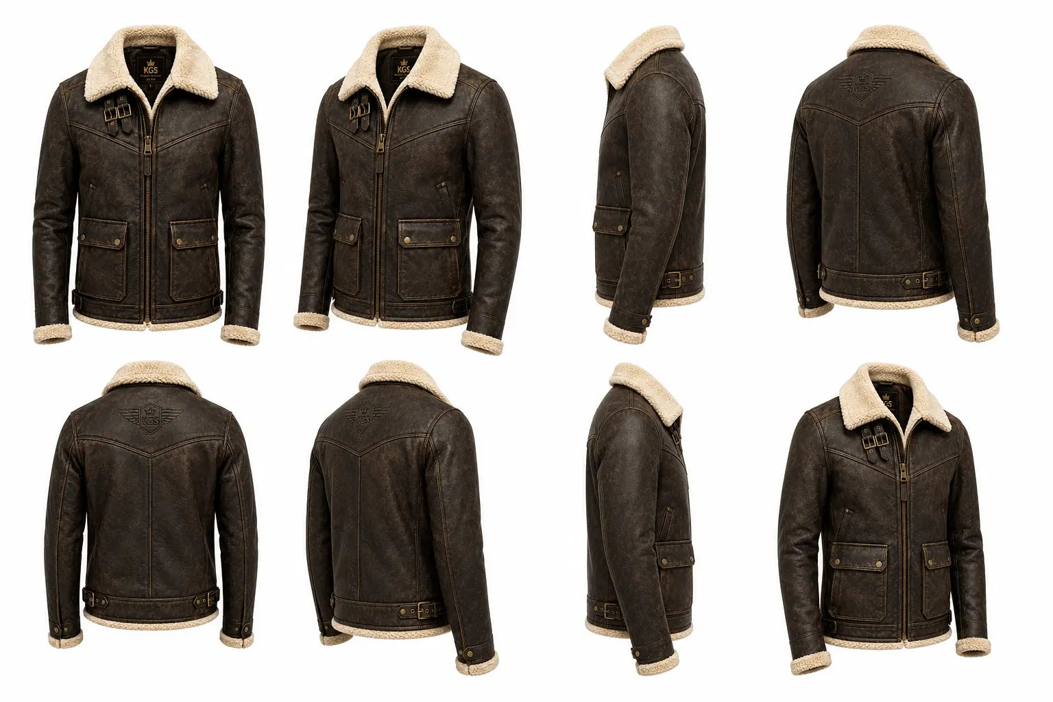 Brown leather jacket with white fur collar shown from multiple angles on a white background