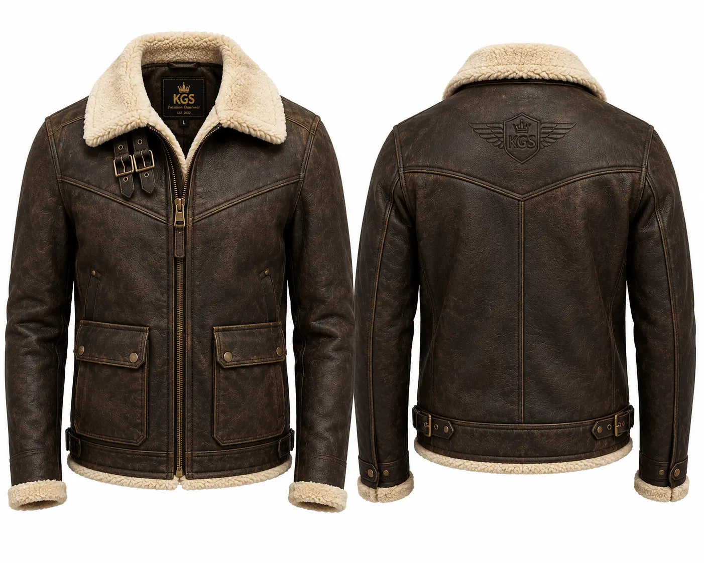Brown leather jacket with shearling collar and cuffs on a white background