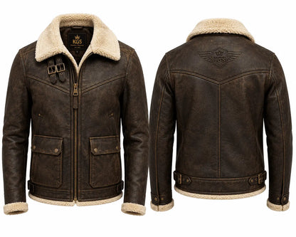 Brown leather jacket with shearling collar and cuffs on a white background