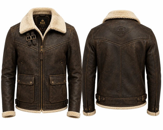 Brown leather jacket with shearling collar and cuffs on a white background