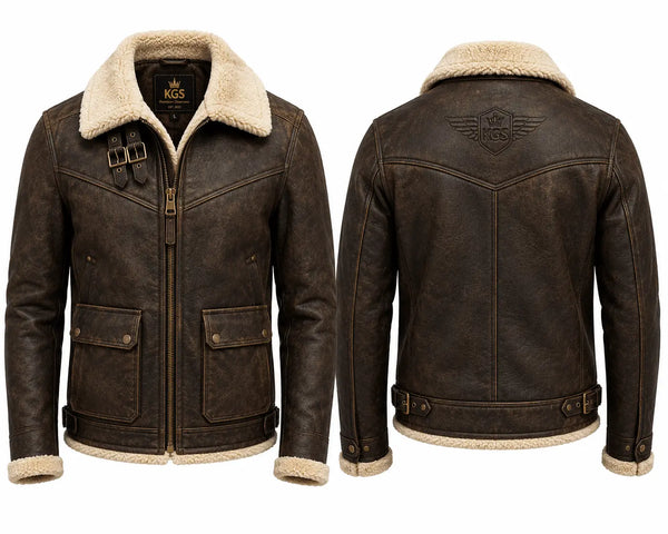 Brown leather jacket with shearling collar and cuffs on a white background