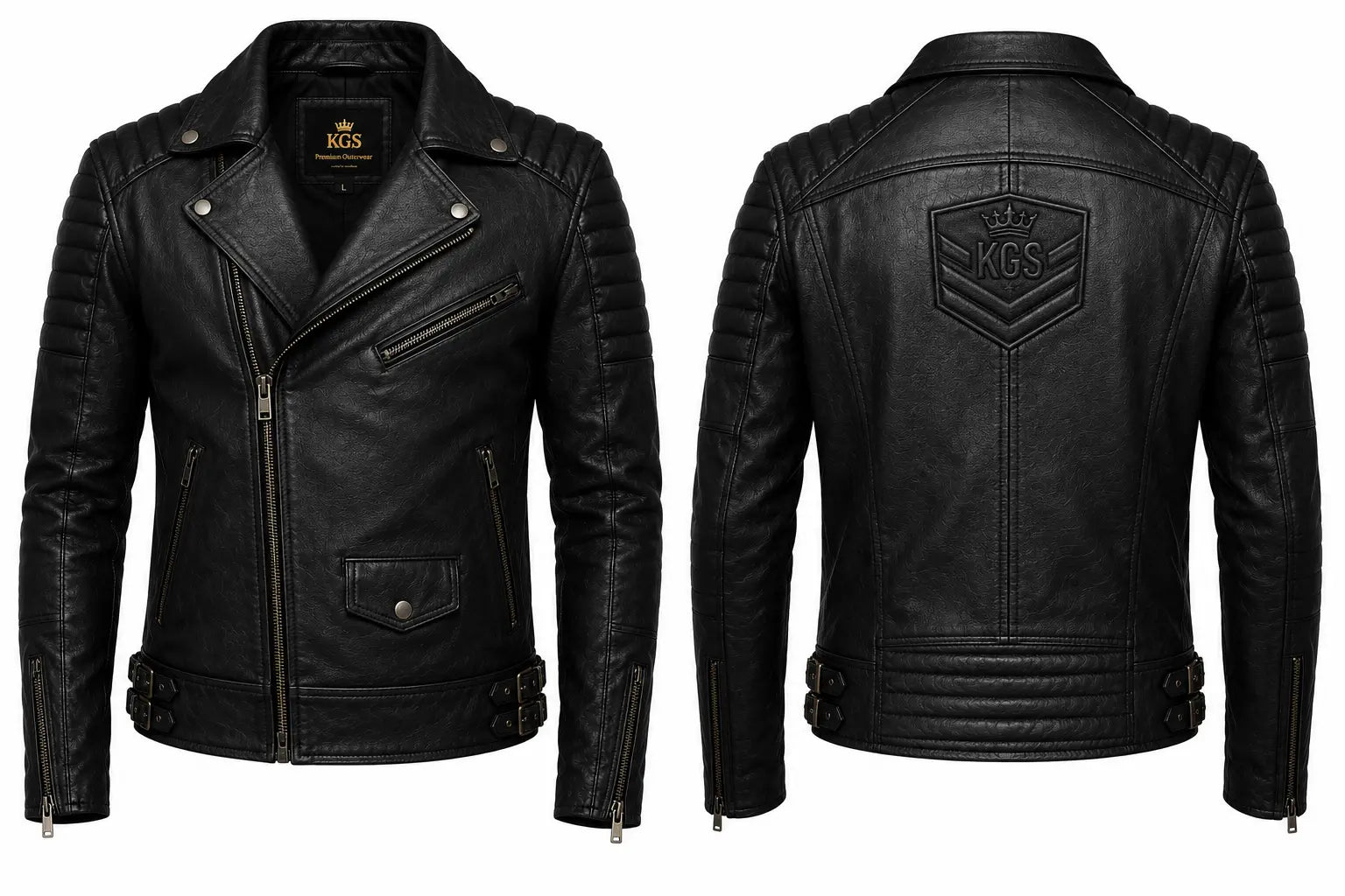 Black leather jacket shown from front and back on a white background