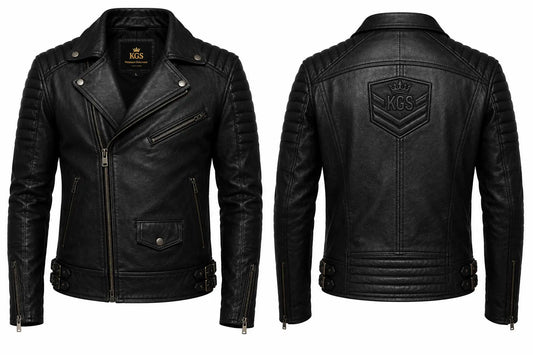 Black leather jacket shown from front and back on a white background