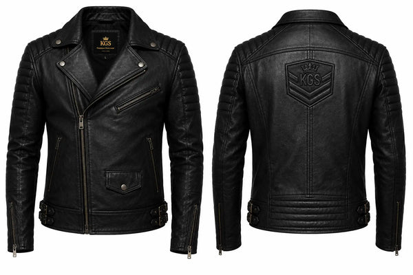 Black leather jacket shown from front and back on a white background