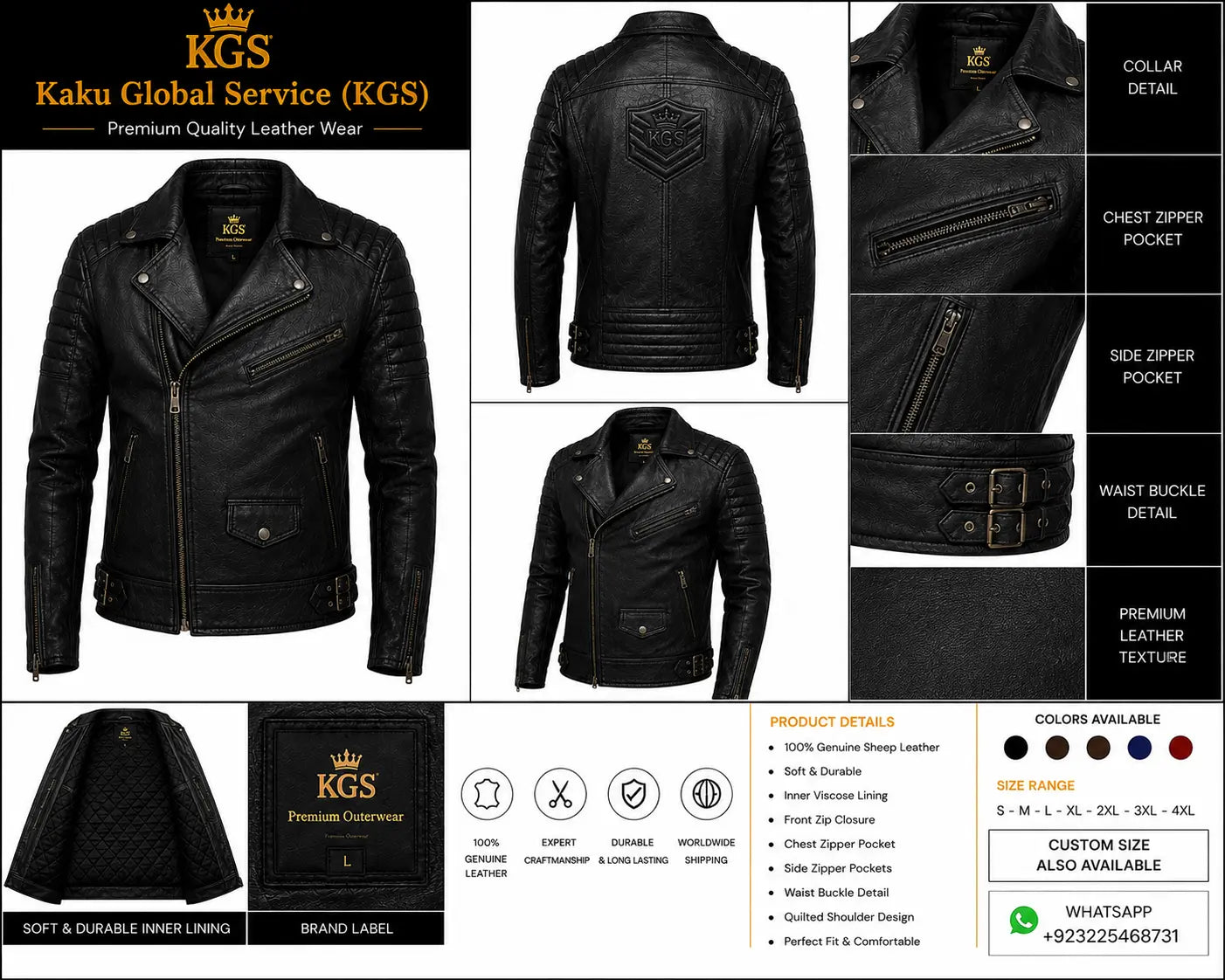 Black leather jacket with detailed views and KGS branding
