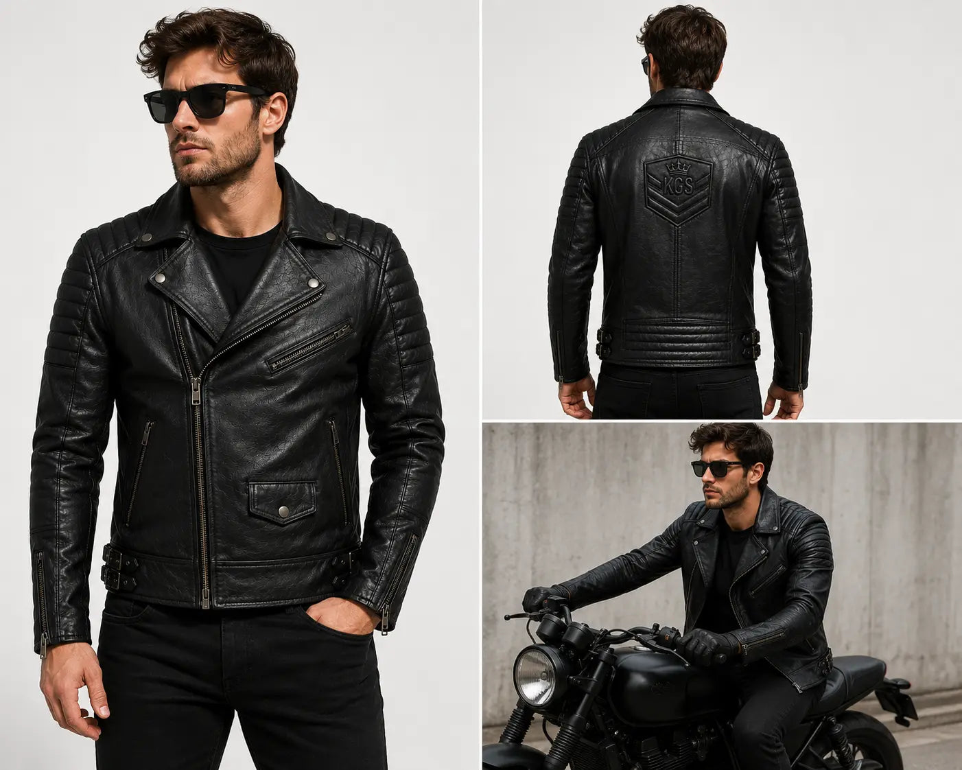 Black leather jacket worn by a man with different angles shown on a white background.