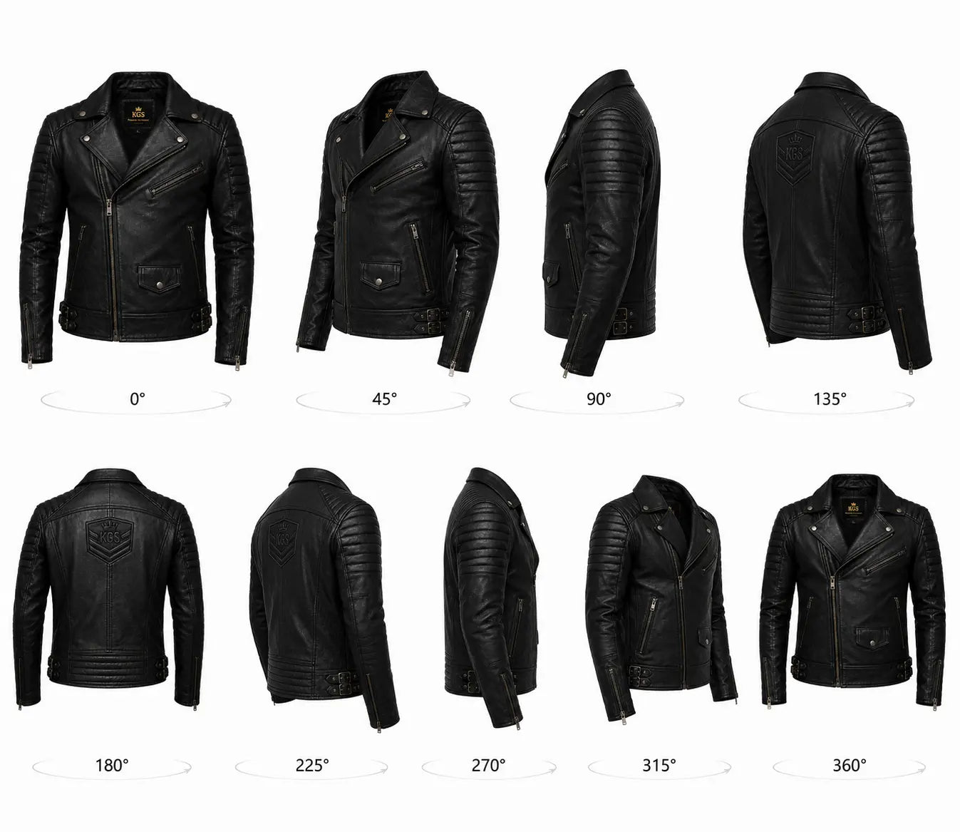 Black leather jacket displayed from multiple angles on a white background