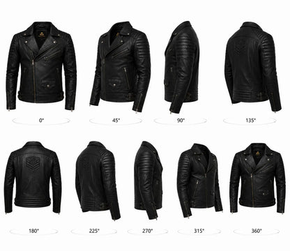 Black leather jacket displayed from multiple angles on a white background