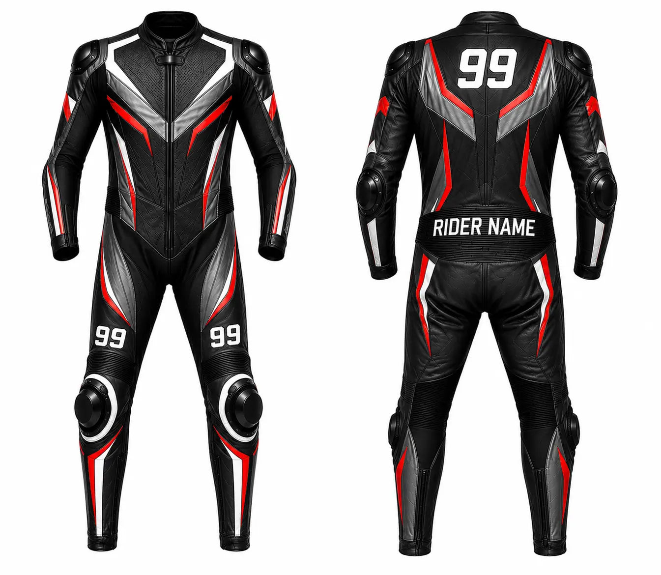 Black motorcycle racing suit with red and white accents, front and back views.