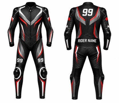 Black motorcycle racing suit with red and white accents, front and back views.
