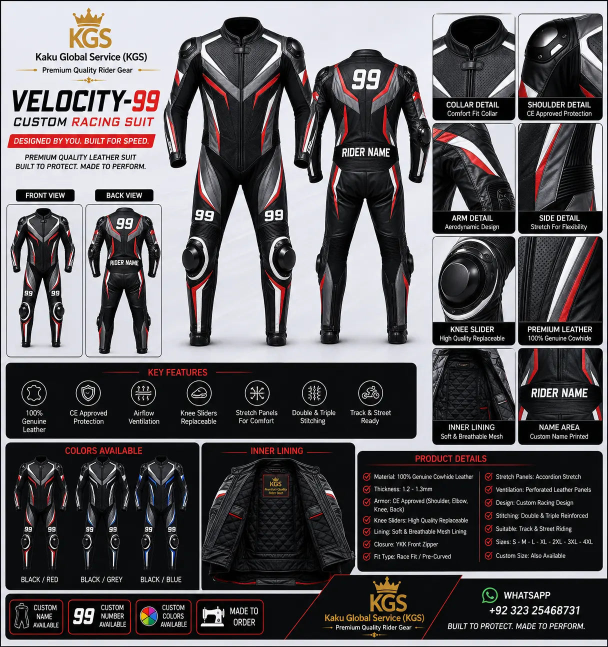 Velocity-99 custom racing suit with detailed specifications and features on a white background