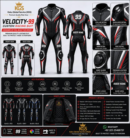 Velocity-99 custom racing suit with detailed specifications and features on a white background