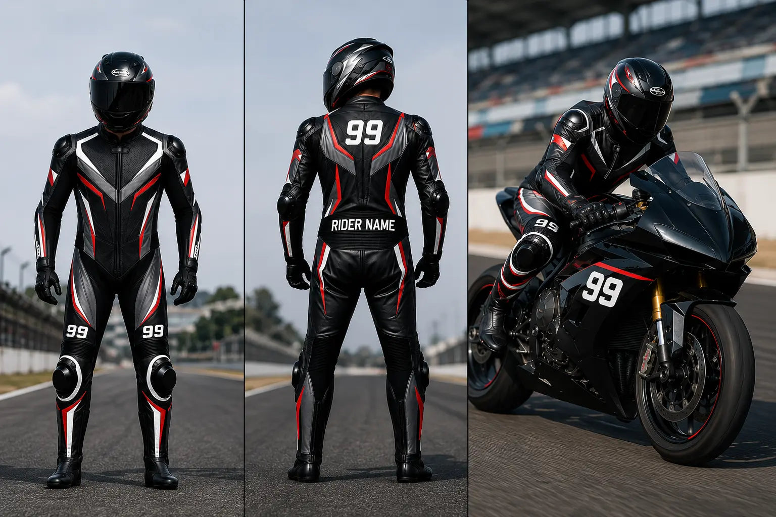 Motorcycle racer in a black and red suit with '99' on a racetrack.